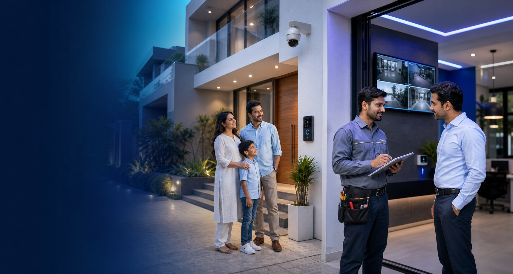Indian family and technician using smart home and security technology