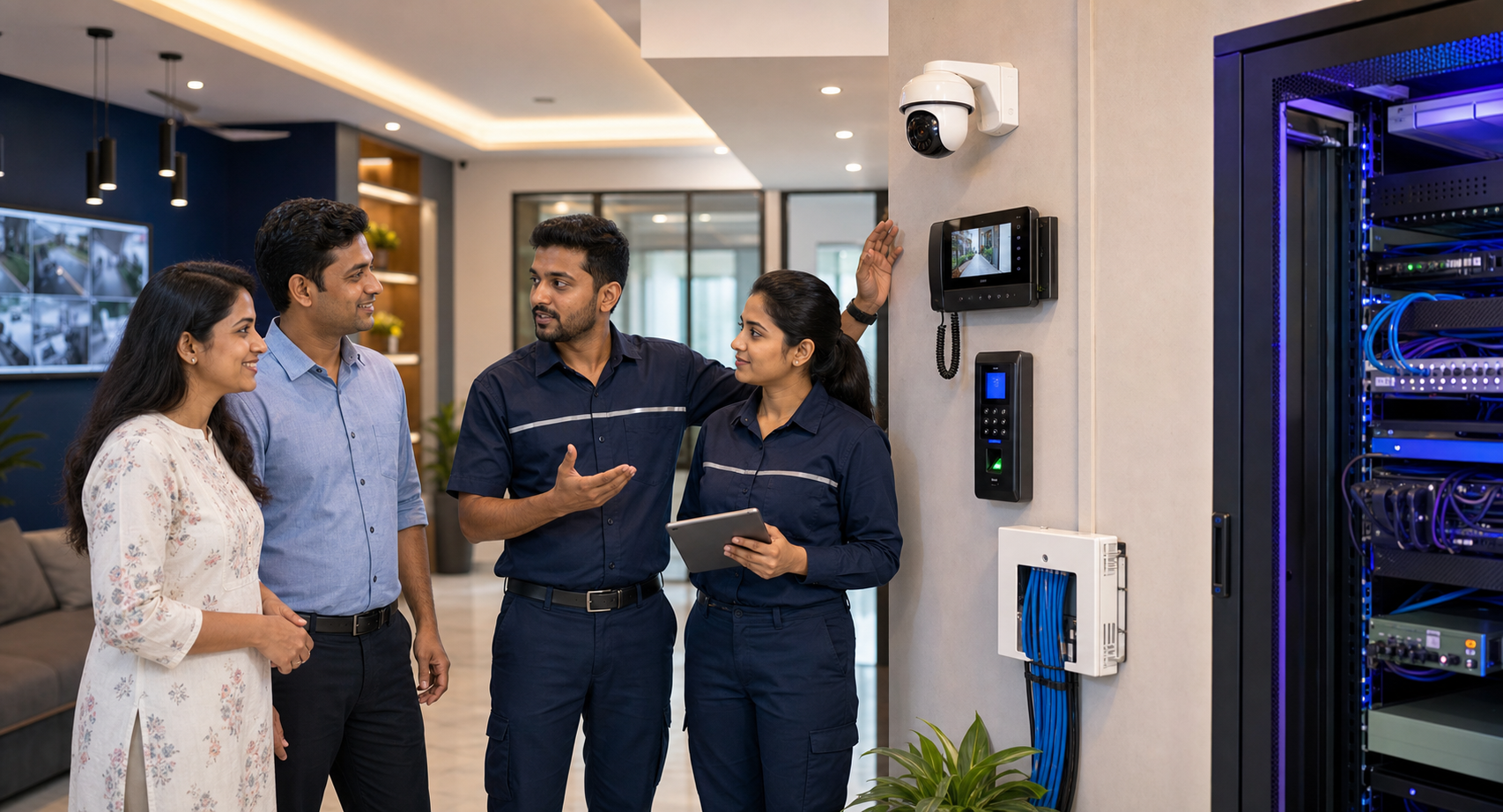 Indian security technicians explaining CCTV, video door phone and access control installation